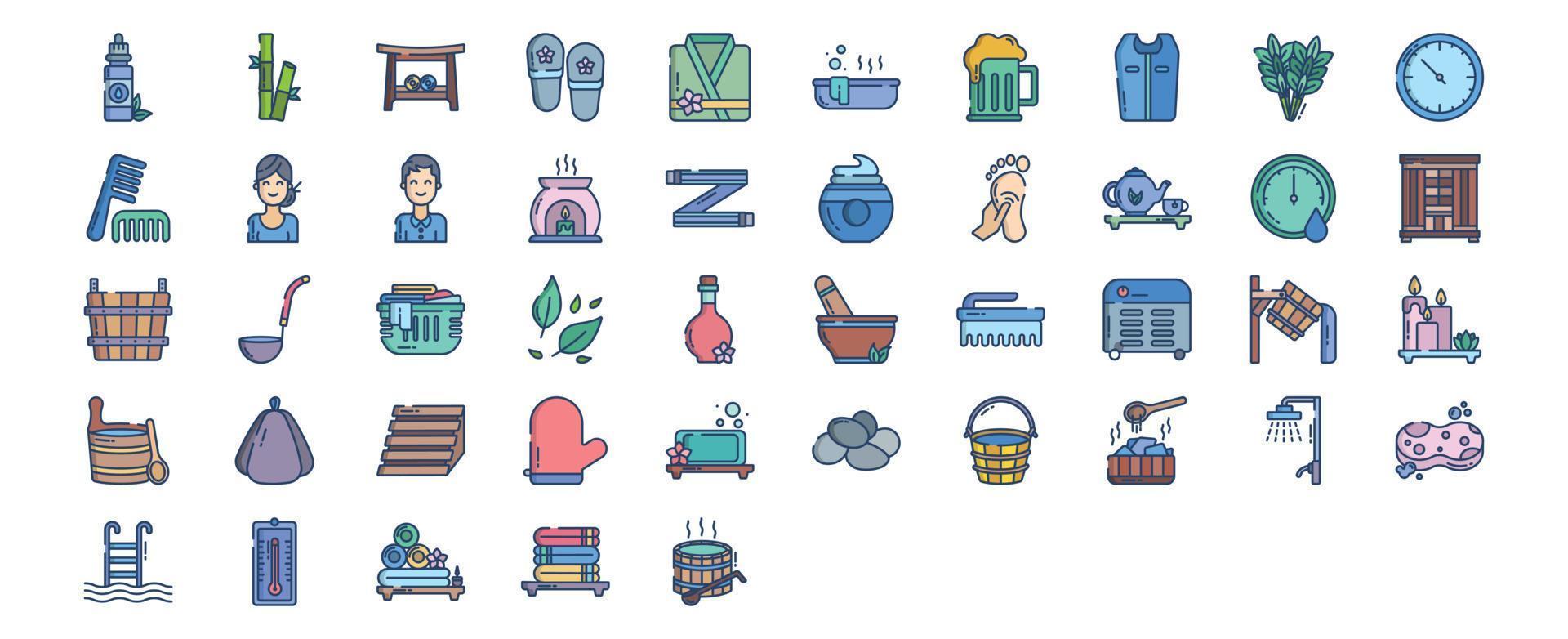 collezione di icone relazionato per sauna e terme, Compreso icone piace bambù, bagno panca, accappatoio, vasca da bagno e di più. vettore illustrazioni, pixel Perfetto impostato
