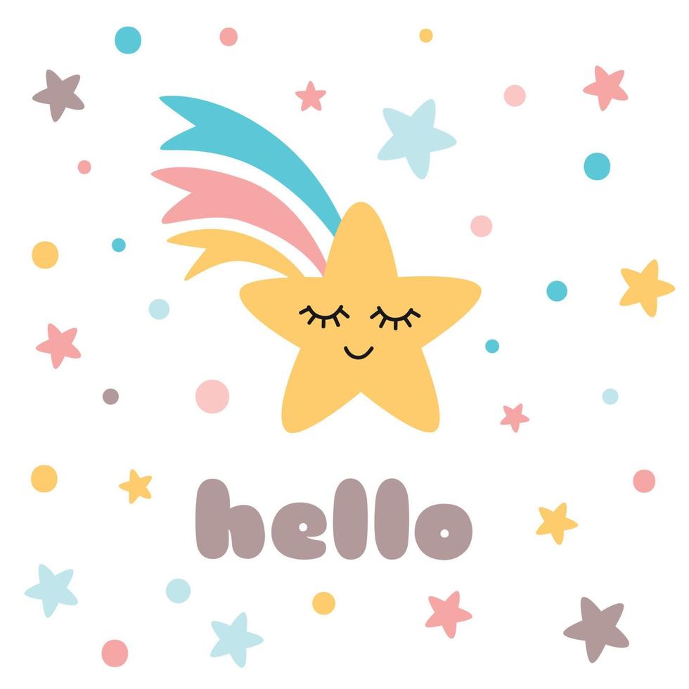 Ciao testo carino giallo stella con occhi arcobaleno decorato polka punto ornamento con stelle infantile cartone animato stile Stampa contento stella personaggio bambino etichetta logo bandiera vettore illustrazione.