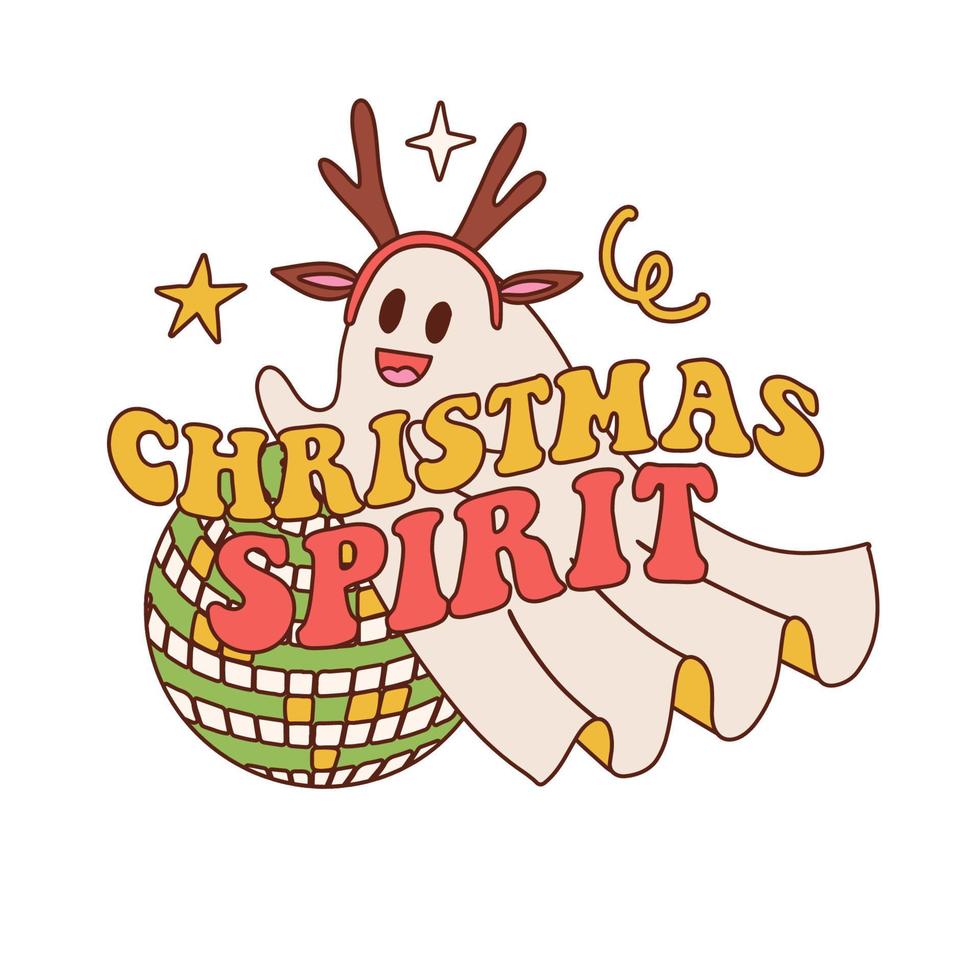 retrò 70s 60s hippie Groovy Natale spirito. sublimazione Stampa modello con fantasma personaggio con specchio palla e divertente testo isolato su bianca. natale bianca foglio spettro con cervo corna. vettore design