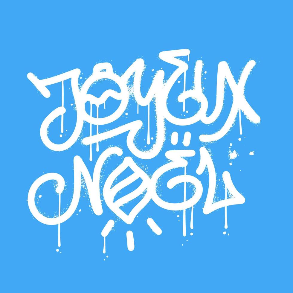 joyeux noel - urbano graffiti lettering su blu sfondo. vandalo strada arte calligrafico testo con spray gocce e perdite. vettore Vintage ▾ saluto carta per allegro Natale con francese saluti.
