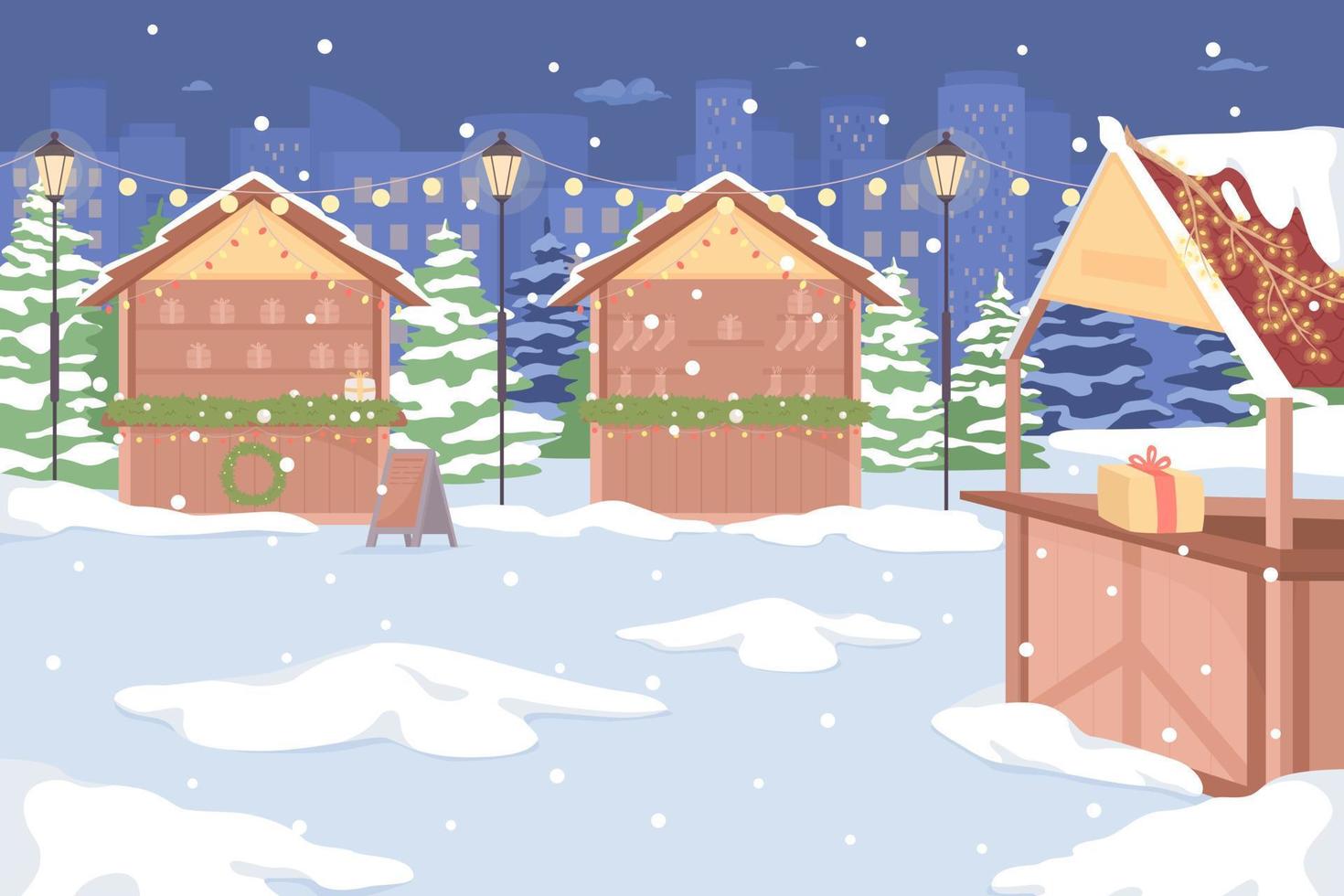 festivo inverno vacanza mercato piatto colore vettore illustrazione. natale celebrazione. giusto decorazione con ghirlande. Paese delle meraviglie. completamente modificabile 2d semplice cartone animato paesaggio urbano con Natale scena su sfondo