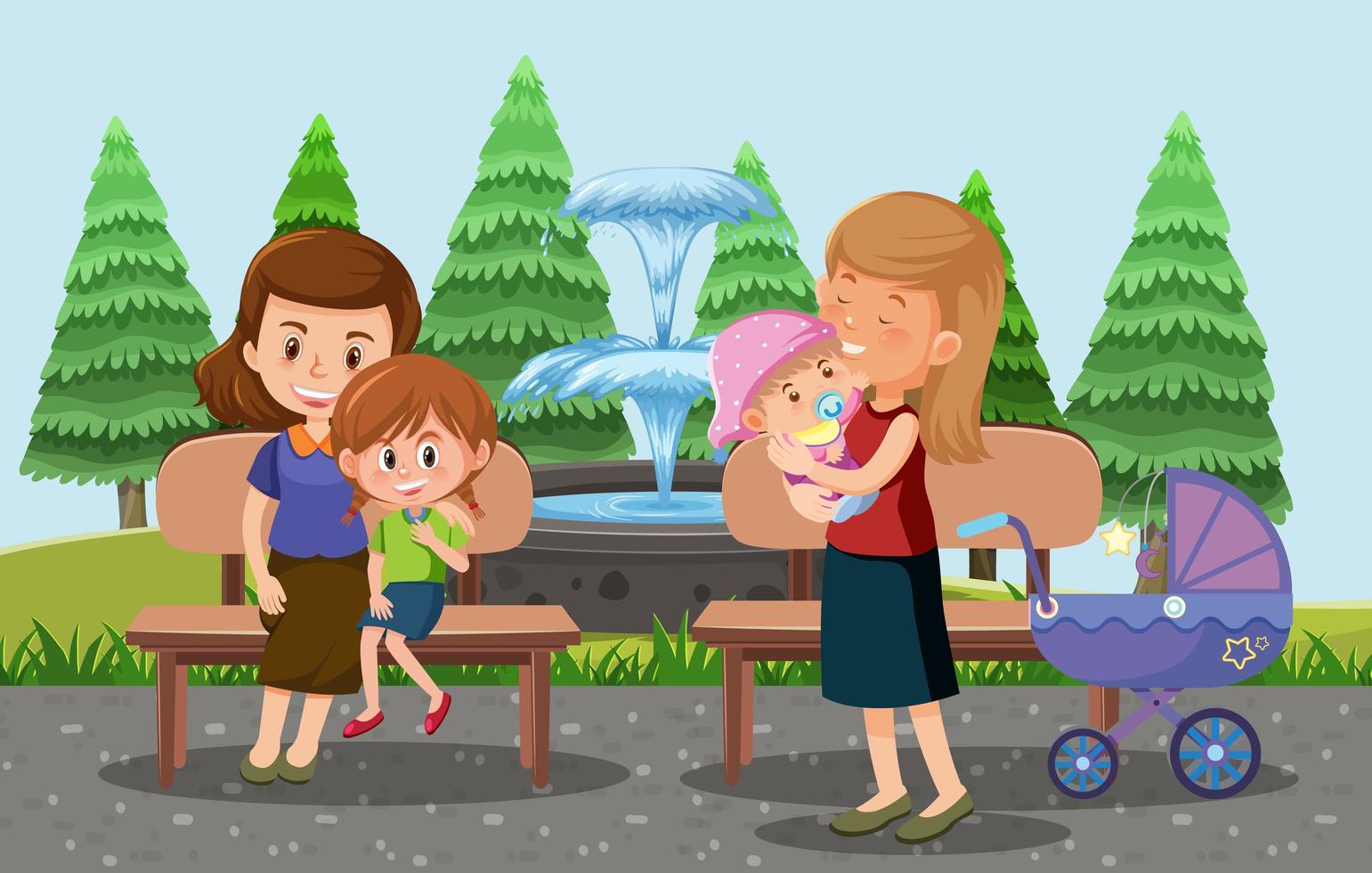 i genitori portano i loro bambini e il passeggino allo stile cartone animato del parco vettore