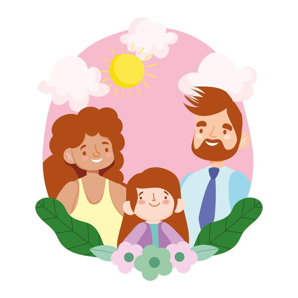 madre padre e figlia con foglie e fiori vettore