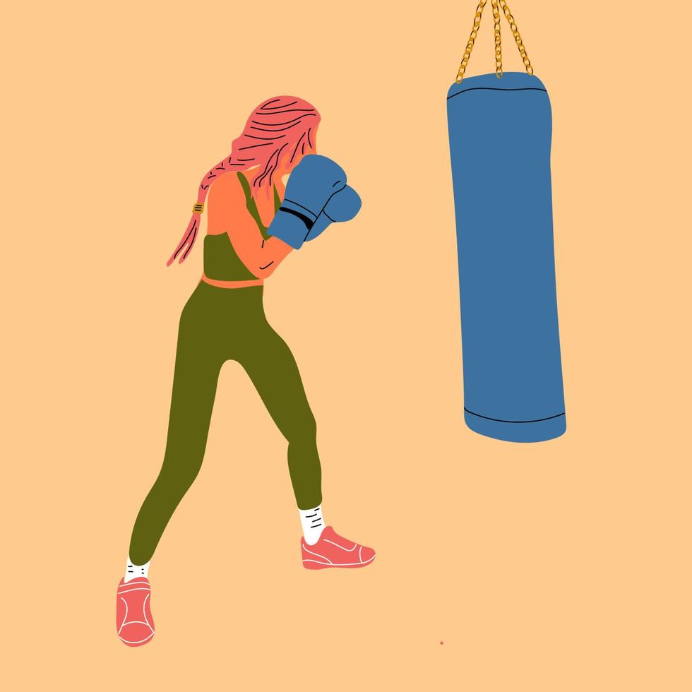 donna nel boxe guanti in posa a punzonatura Borsa nel abbigliamento sportivo. ragazza energia concetto. cartone animato vettore illustrazione