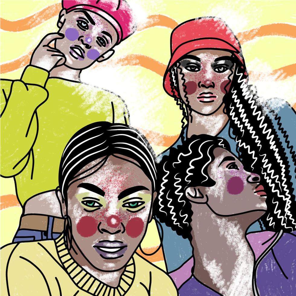 un' gruppo di ragazze nel cappelli su un' geometrico sfondo, nel luminosa Abiti, pop arte vettore