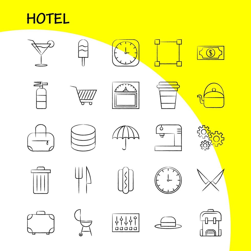 Hotel mano disegnato icona per ragnatela Stampa e mobile uxui kit come come orologio ottimizzazione tempo tempo ottimizzazione peso macchina scala pittogramma imballare vettore