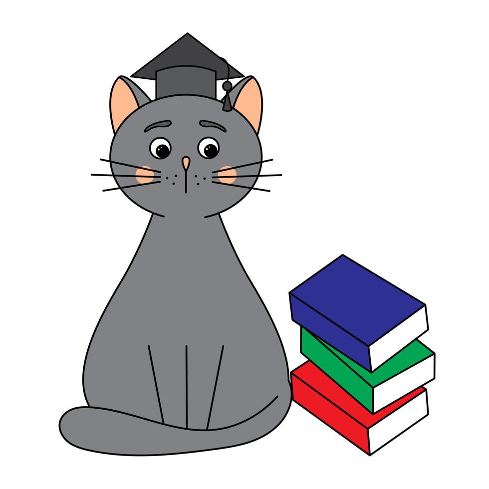 triste gatto alunno con un' pila di libri. Ciao scuola. figli di illustrazione nel il stile di un' scarabocchio. vettore grafica