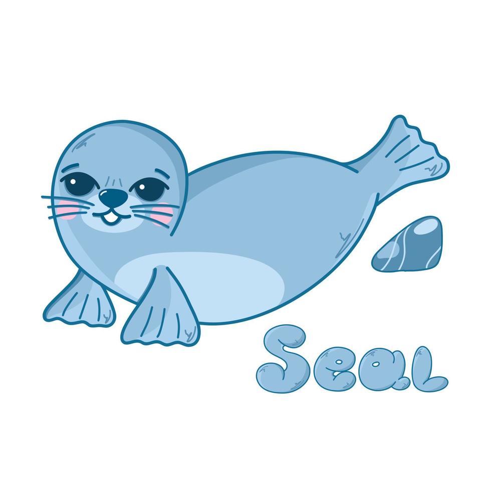 vettore illustrazione con un' carino mare foca e il iscrizione foche, mare divertente animali nel cartone animato stile. figli di illustrazione per cartoline, manifesti, pigiama, tessuti, Abiti, adesivi.