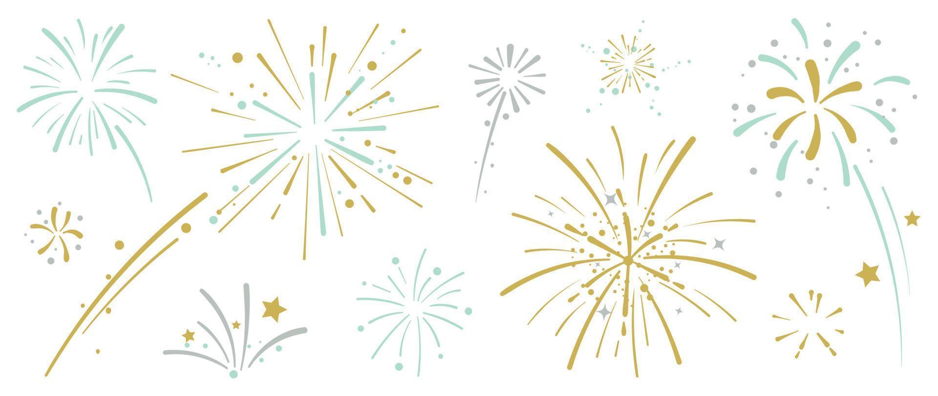 impostato di nuovo anno fuoco d'artificio vettore illustrazione. collezione di d'oro, leggero verde, grigio fuochi d'artificio su bianca sfondo. arte design adatto per decorazione, Stampa, manifesto, striscione, sfondo, carta, coperchio.