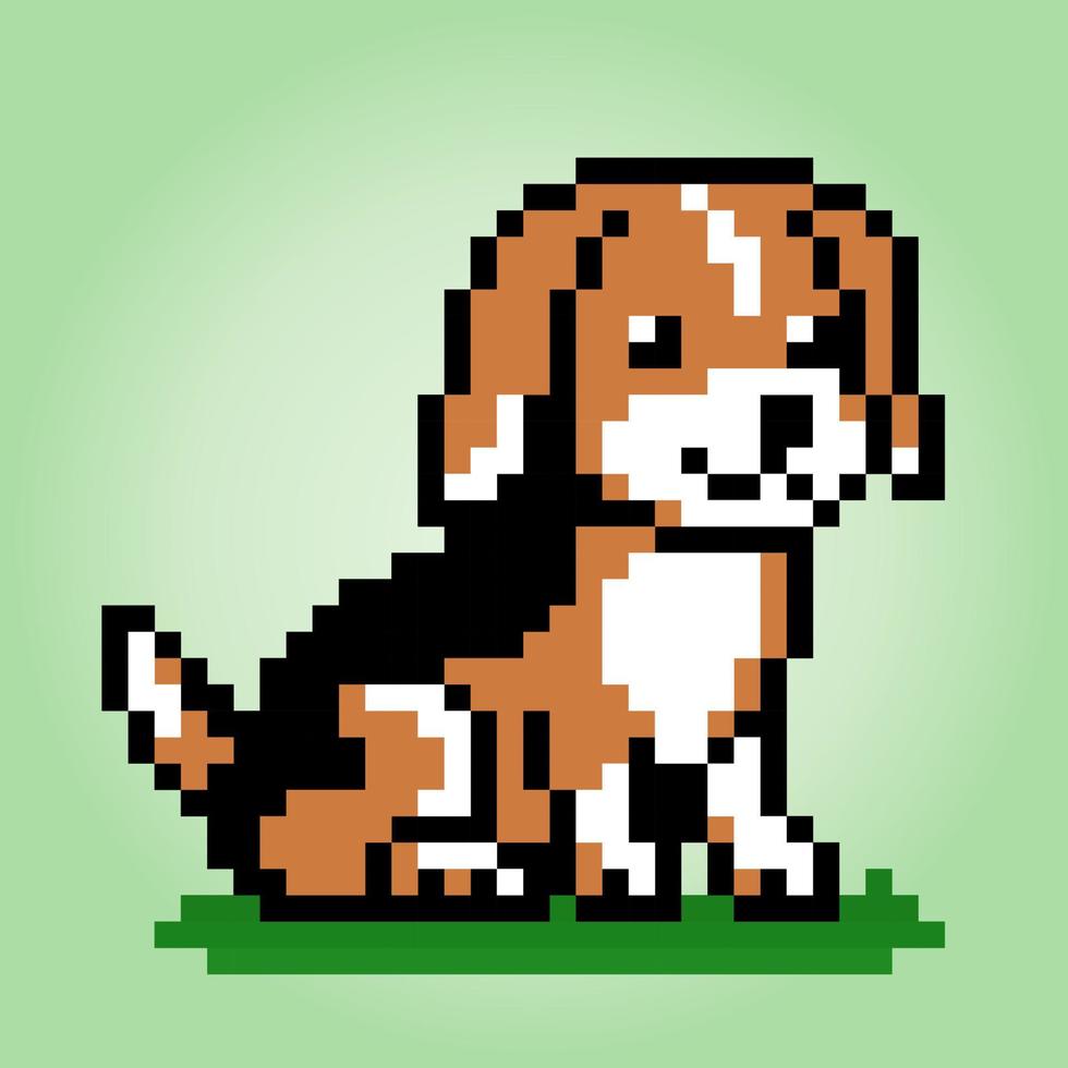 Il pixel a 8 bit di cani beagle è seduto. animali per giochi di risorse nelle illustrazioni vettoriali. schema punto croce. vettore