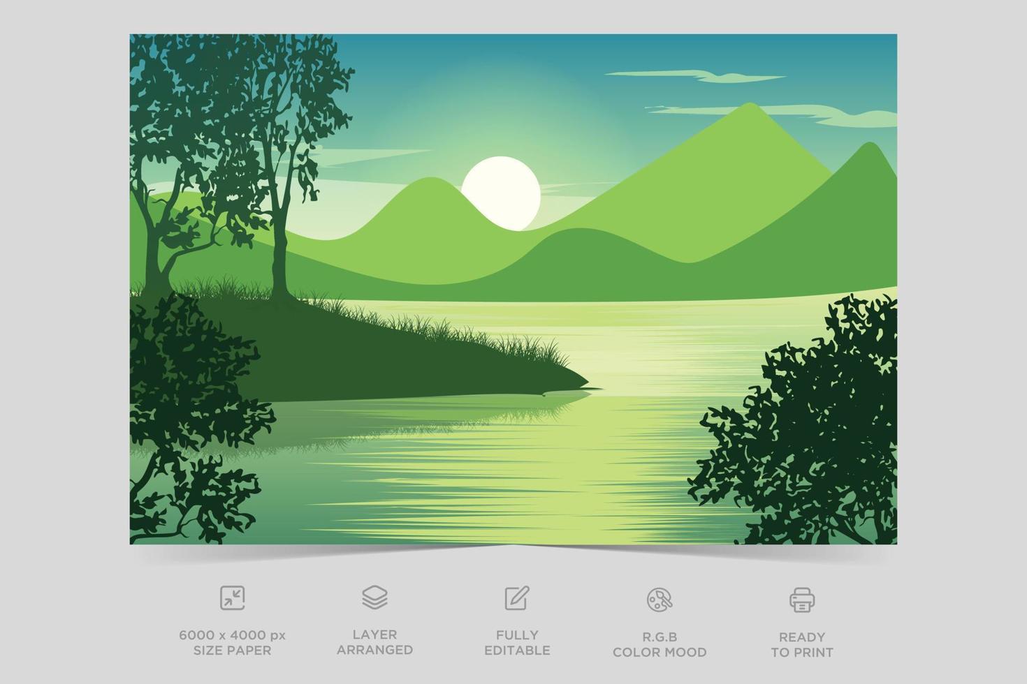 bellissimo paesaggio colorato fiume lato natura scena piatto illustrazione sfondo design modello vettore