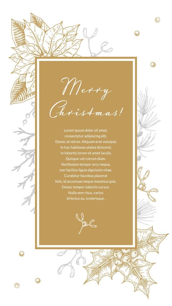 allegro Natale e contento nuovo anno saluto carta con mano disegnato d'oro sempreverde rami e coni su bianca sfondo. vettore illustrazione nel schizzo stile