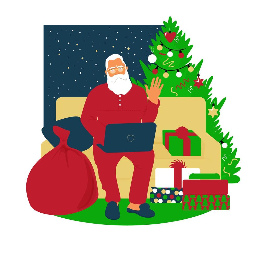 Santa Claus lavori su un' computer portatile, risposte lettere, invia i regali di consegna. casa camera interno. decorato Natale albero, divano, pantofole. preparazione per Natale e nuovo anno. vettore illustrazione