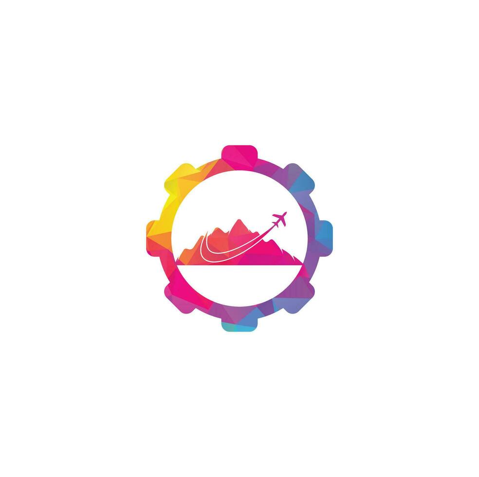 aereo e montagna Ingranaggio forma concetto vettore logo design. viaggio logo design. aereo con montagna logo