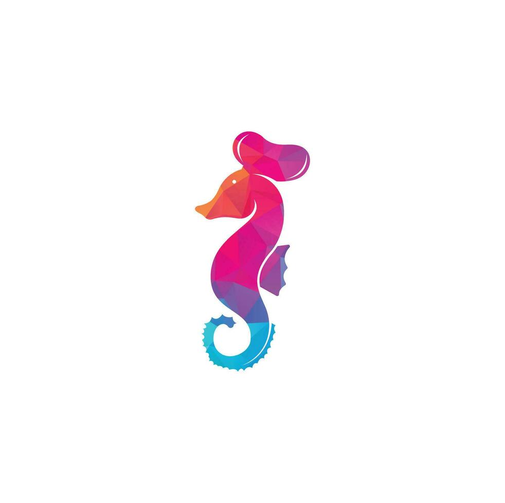 frutti di mare logo. cavalluccio marino capocuoco coltello forchetta e cucchiaio simbolo illustrazione. capocuoco e cavalluccio marino logo design modello vettore