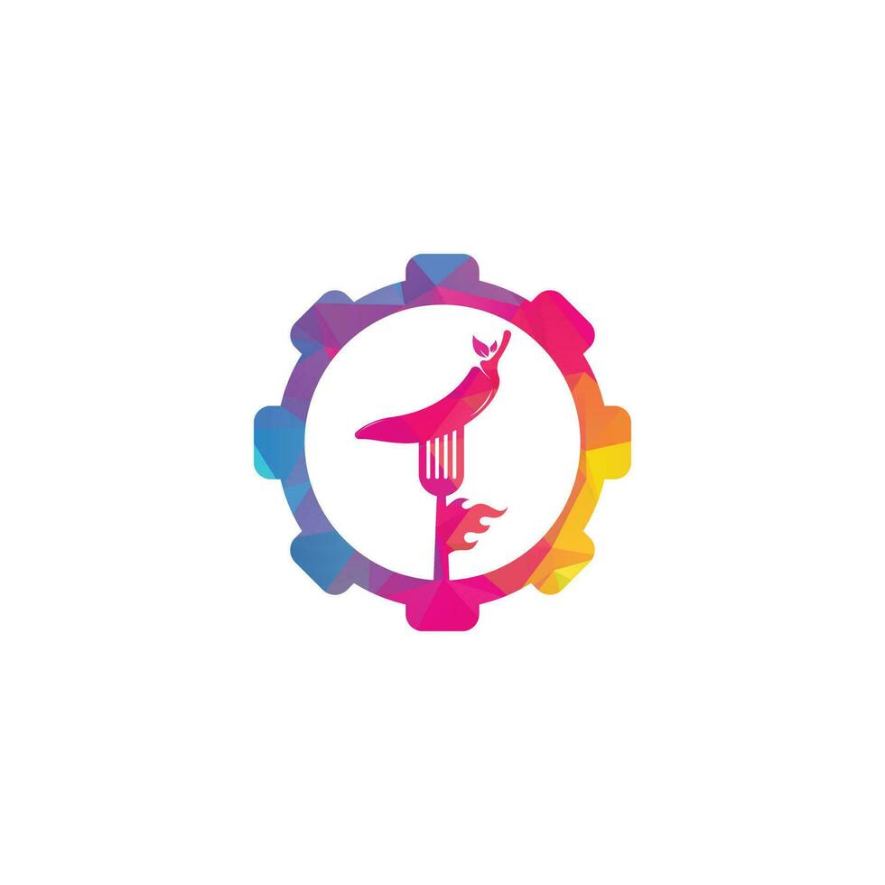 caldo chili con forchetta Ingranaggio forma concetto logo design. chili e forchetta logo modello adatto per speziato cibo, ristorante menù. vettore