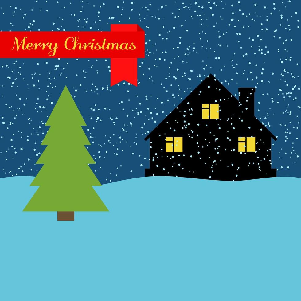 inverno notte con solitario Casa e caduta neve e un' rosso nastro con il iscrizione contento Natale. vettore illustrazione.