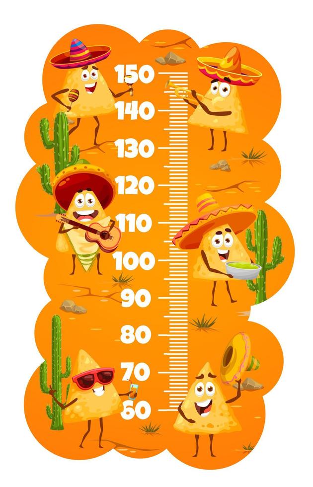 bambini altezza grafico, cartone animato messicano nachos patatine fritte vettore