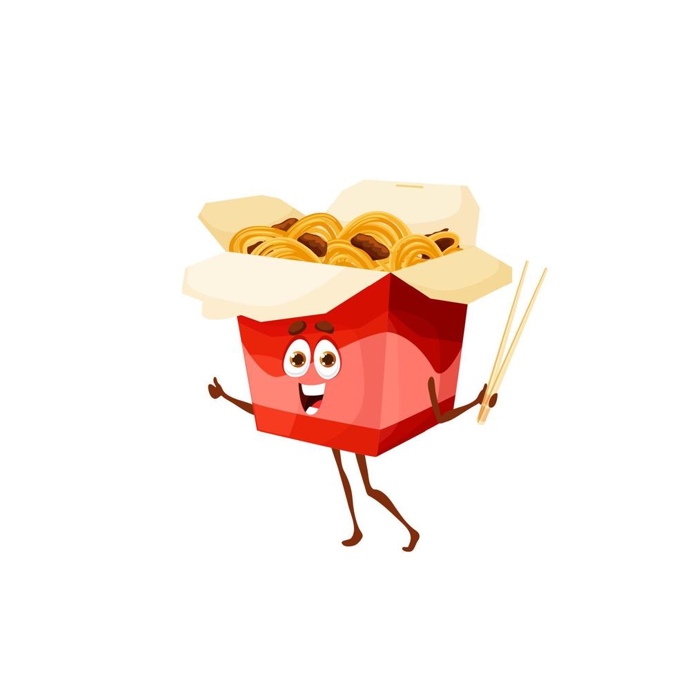 asiatico wok scatola, ramen tagliatelle cartone animato personaggio vettore