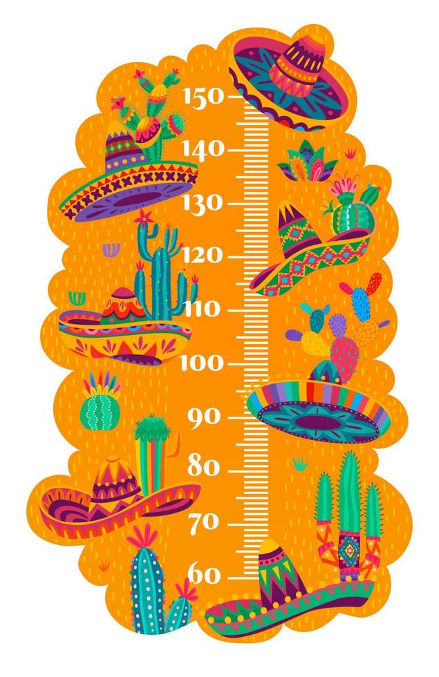 bambini altezza grafico con messicano sombrero e cactus vettore