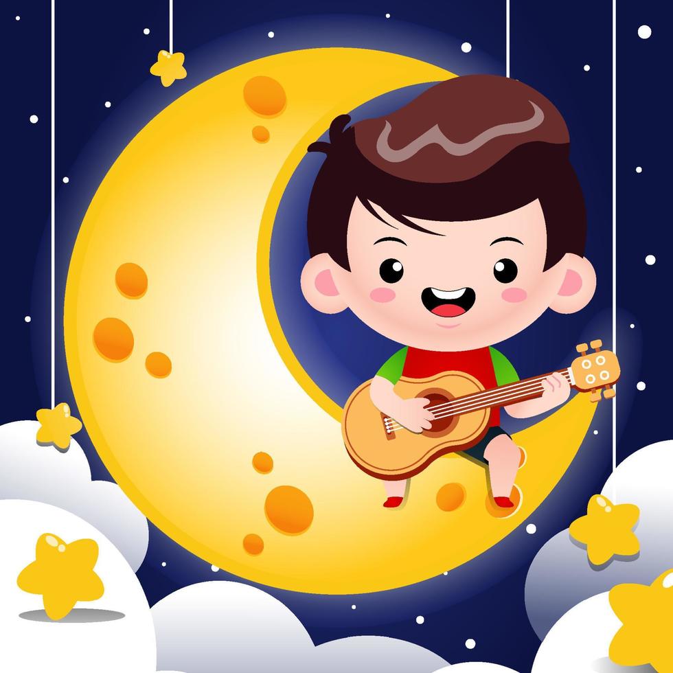 cartone animato carino ragazzo seduta giocando chitarra su il Luna vettore