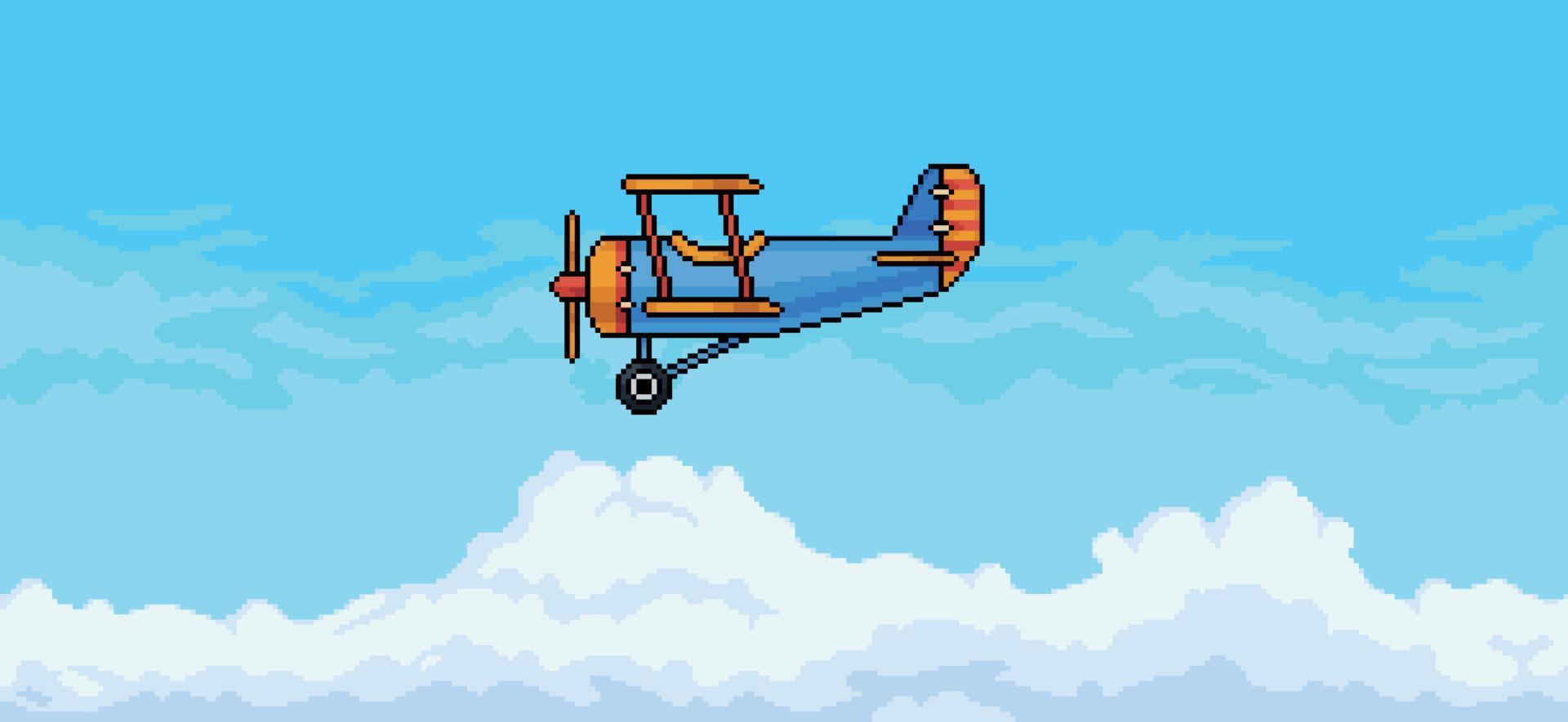 pixel arte scena di aereo volante nel blu cielo con nuvole sfondo vettore per 8 po gioco