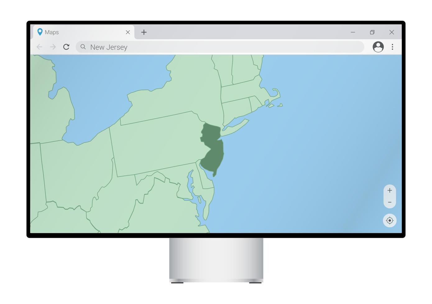 computer tenere sotto controllo con carta geografica di nuovo maglia nel browser, ricerca per il nazione di nuovo maglia su il ragnatela Mappatura programma. vettore