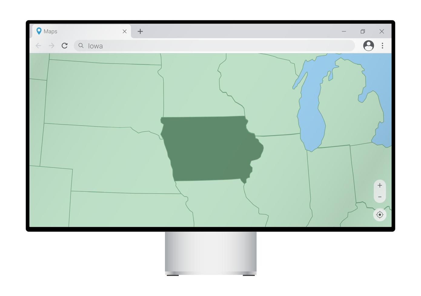 computer tenere sotto controllo con carta geografica di Iowa nel browser, ricerca per il nazione di Iowa su il ragnatela Mappatura programma. vettore