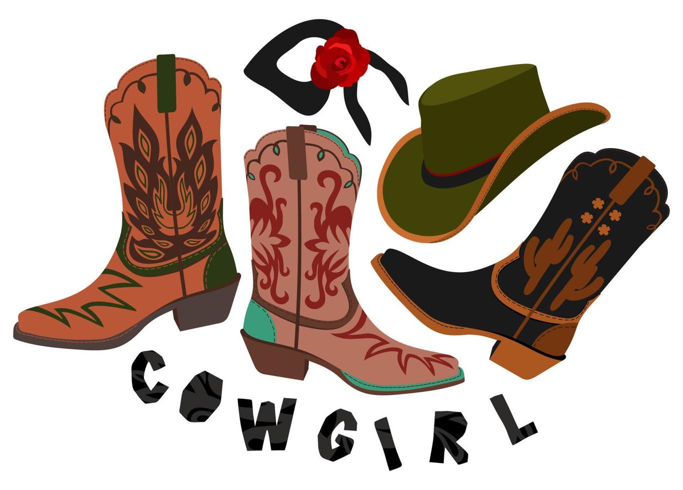 retrò cowgirl. vettore impostato di cowboy stivali, cappello e bandana. Accessori nel occidentale stile.