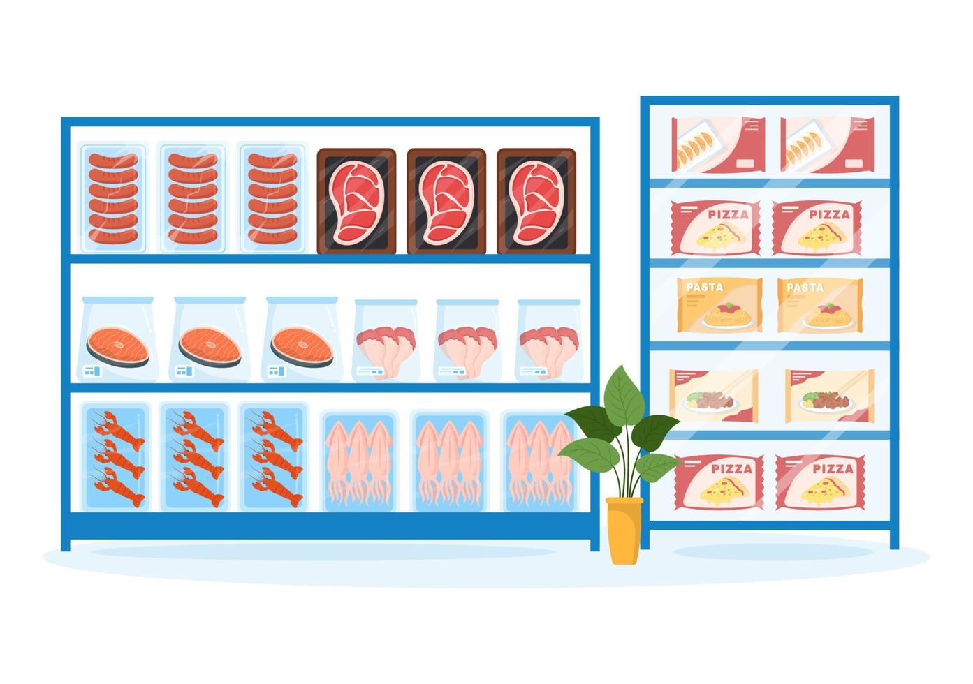 congelato cibo memorizzare con prodotti aspirato utilizzando Foglio e marsupio confezione per essere fresco nel mano disegnato cartone animato modello illustrazione vettore