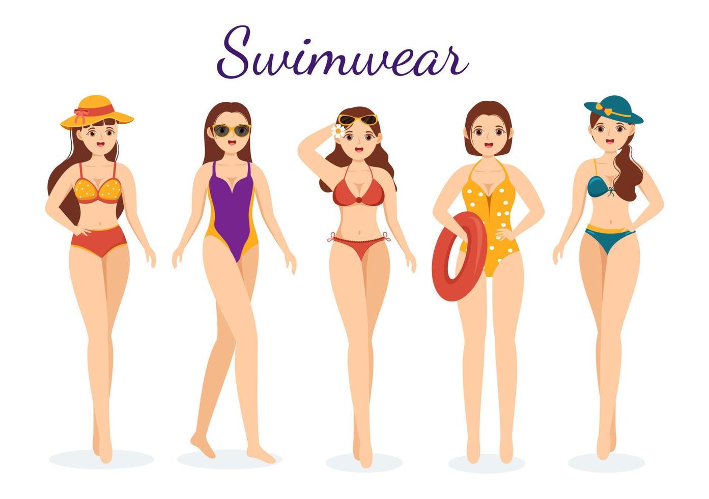 costumi da bagno con diverso disegni di bikini e costumi da bagno per donne a il estate spiaggia nel piatto stile cartone animato mano disegnato modelli illustrazione vettore