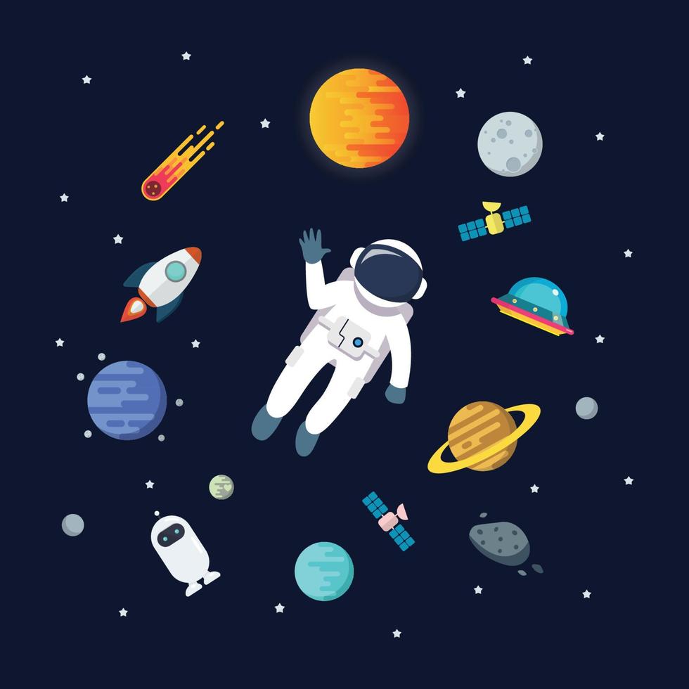 astronauta uomo galleggiante nel spazio con pianeti sfondo vettore