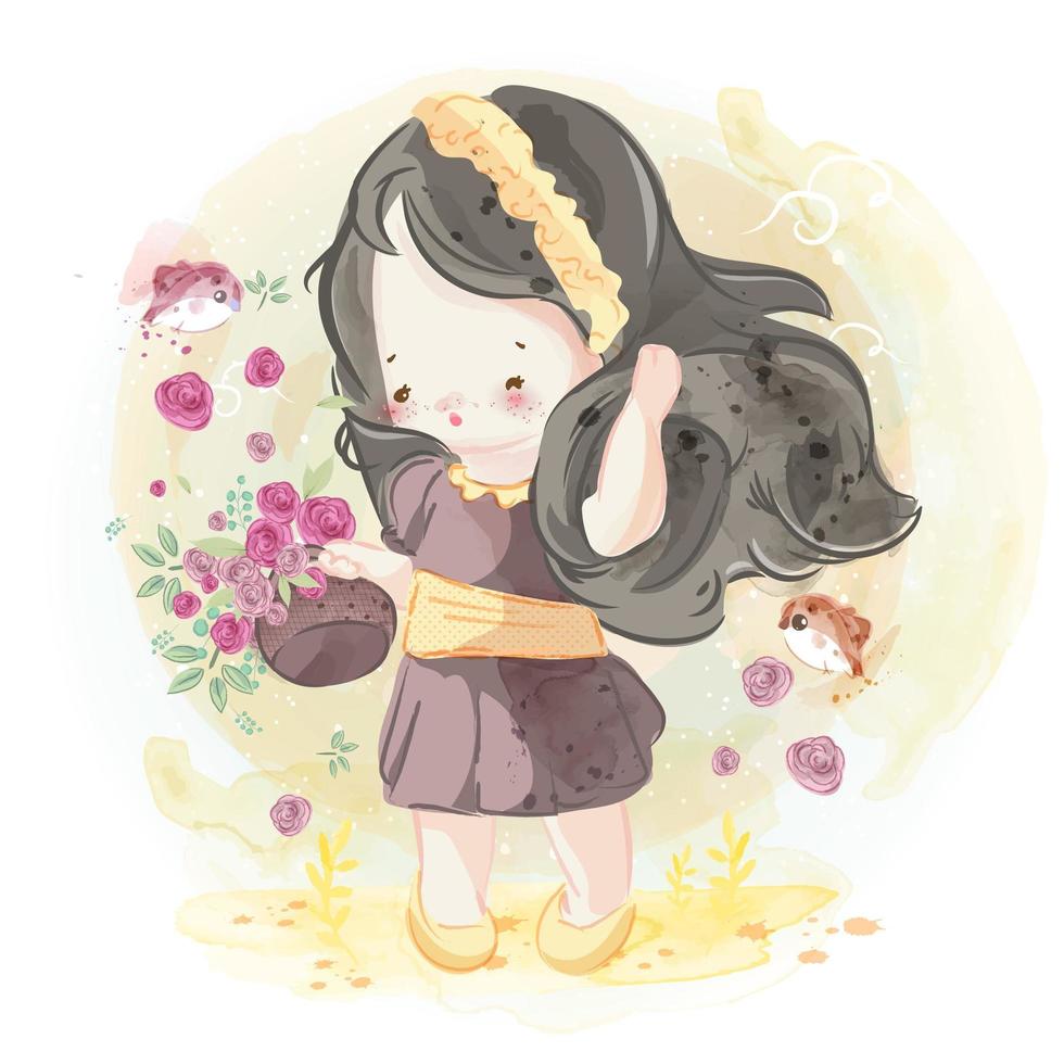 bella ragazza disegnata a mano con cesto di fiori vettore