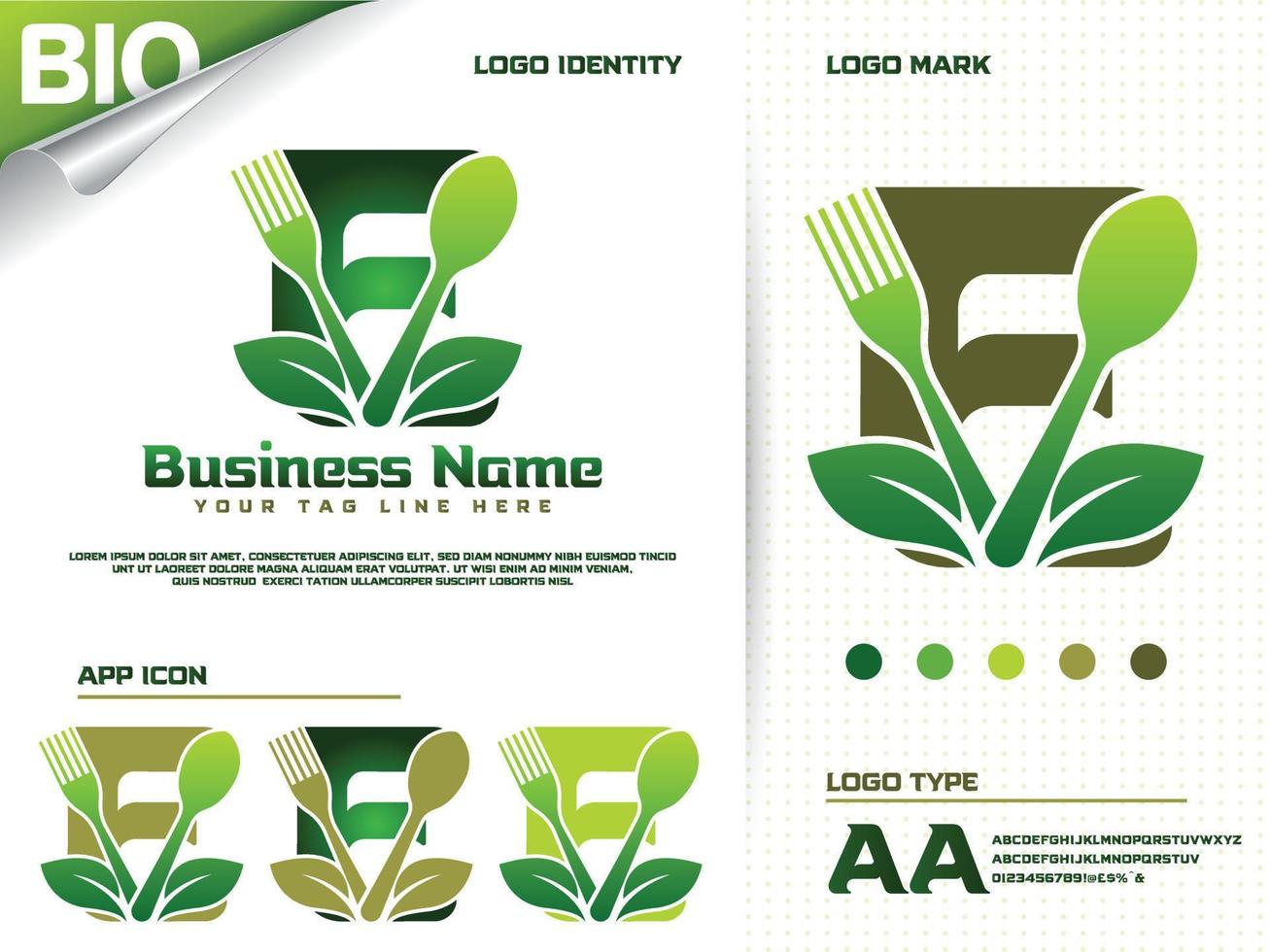 salutare cibo lettera e logo design con creativo verde foglia vettore
