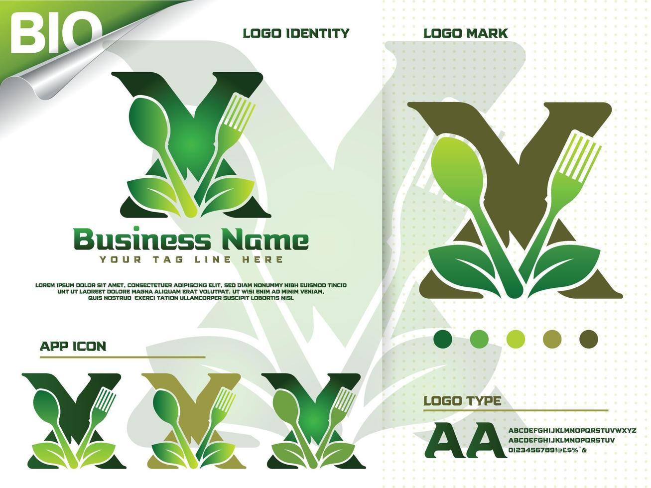 salutare cibo lettera X logo design con creativo verde foglia vettore