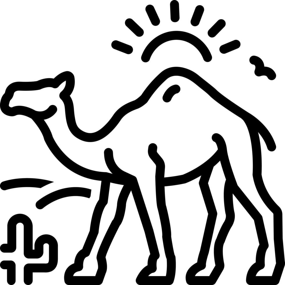 linea icona per cammello nel deserto con sole vettore