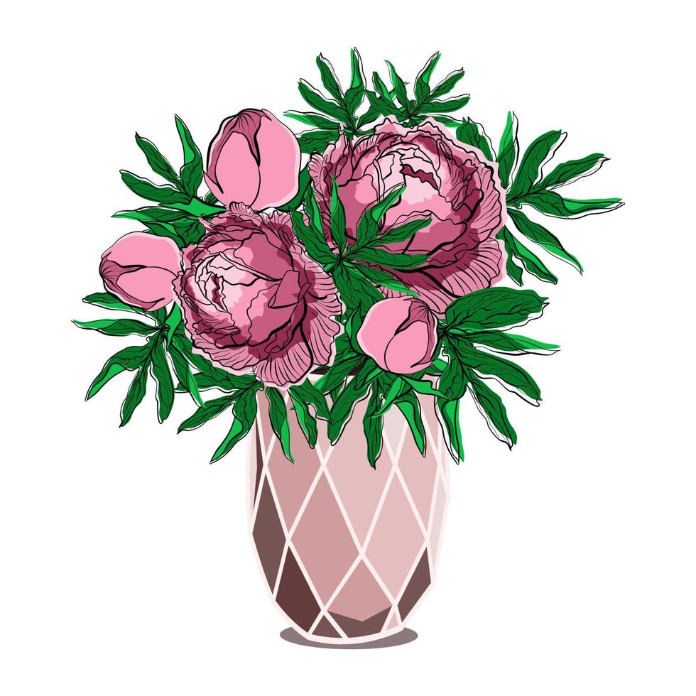 mazzo di peonie e mini cuffie nel ceramica vaso vettore