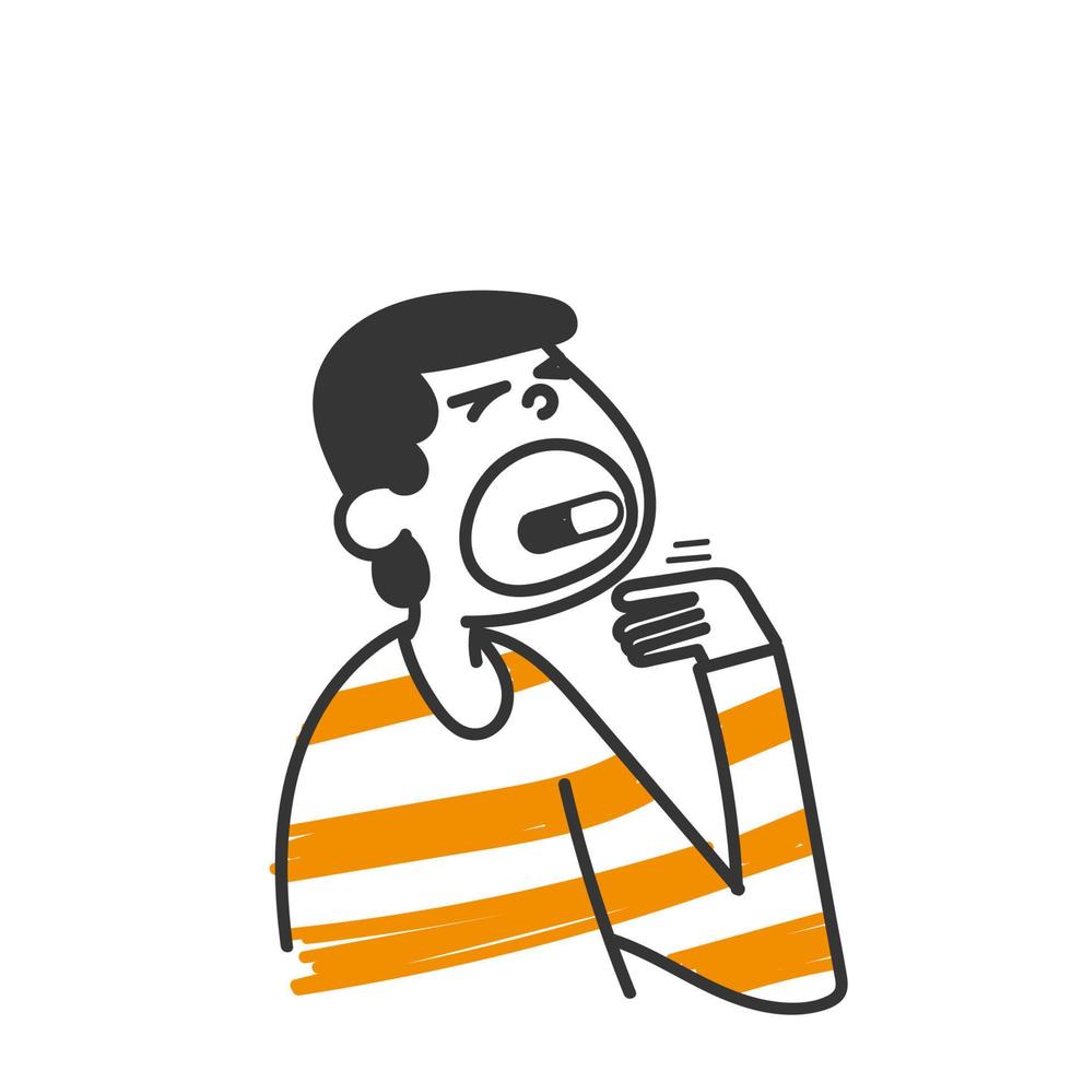 mano disegnato scarabocchio persona mangiare tavoletta pillola capsula illustrazione vettore