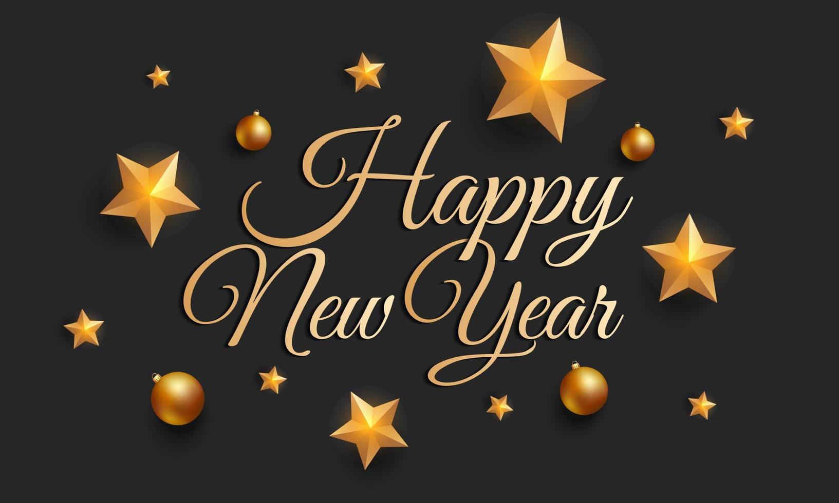 contento nuovo anno d'oro lettering design. lusso contento nuovo anno saluto carta con stella ornamento e d'oro palle su nero sfondo. vettore illustrazione