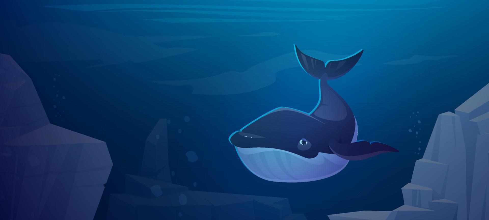 blu balena nuotare nel oceano spazio con rocce in giro vettore