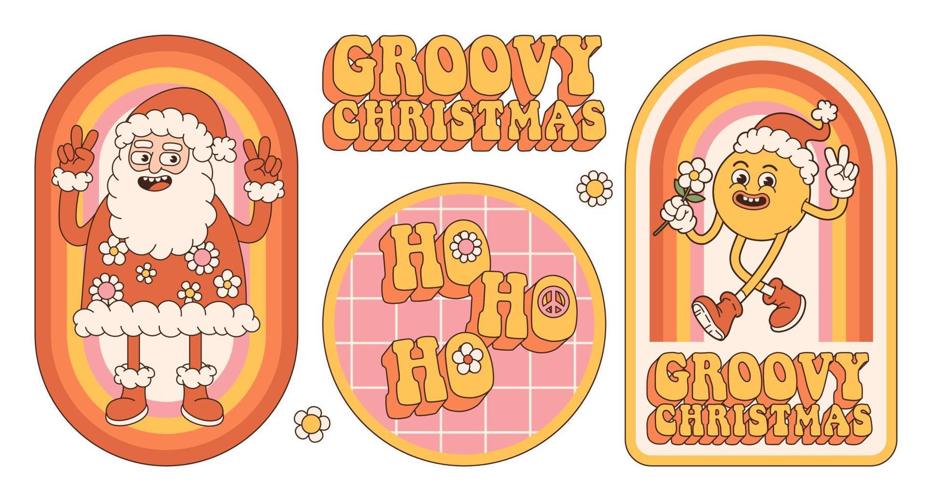 Groovy hippie Natale adesivi. Santa claus, Sorridi, arcobaleno nel di moda retrò cartone animato stile. vettore