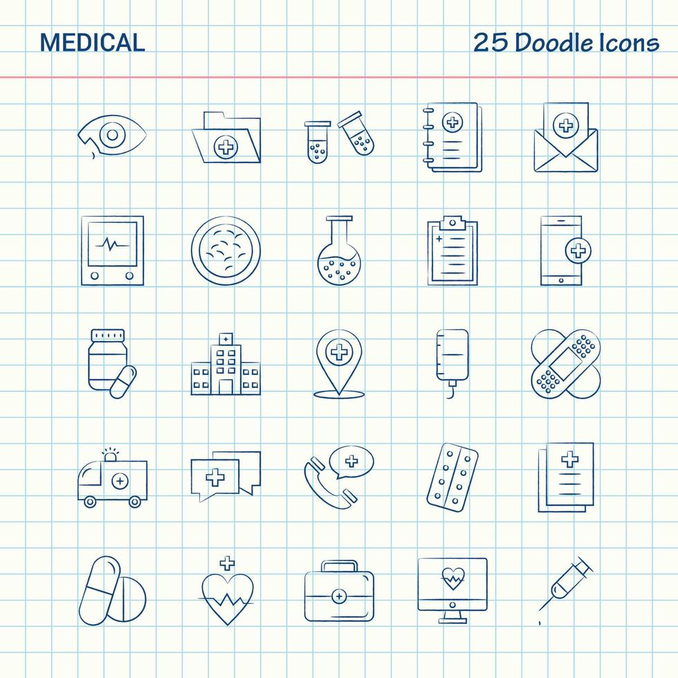 medico 25 scarabocchio icone mano disegnato attività commerciale icona impostato vettore