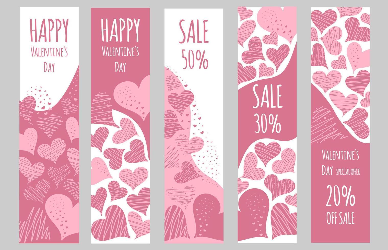 San Valentino giorno saldi. impostato di banner o manifesti con molti rosa cuori. vettore