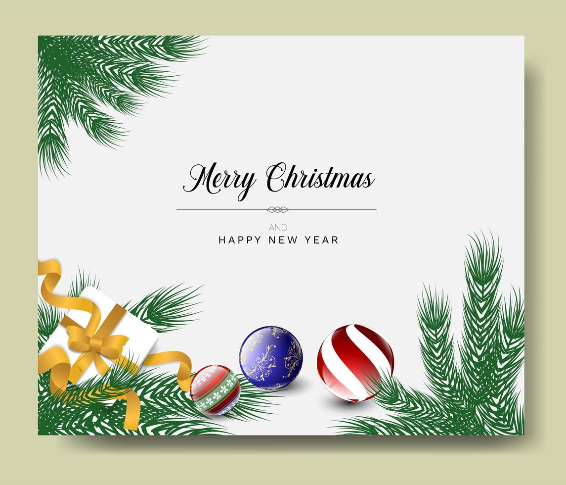 biglietto di auguri di Natale con ornamenti e rami vettore