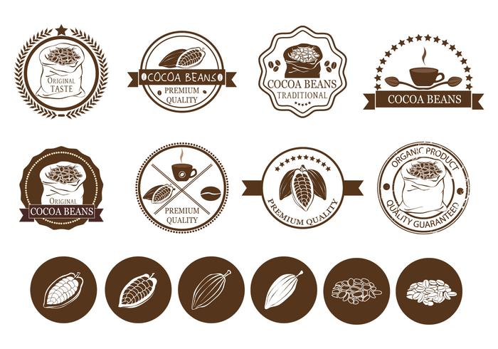 Fagioli di cacao e vettori di etichette per caffè