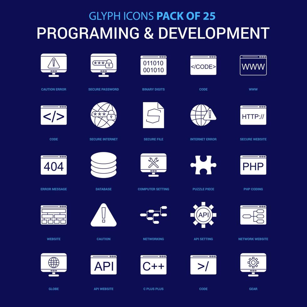 programmazione e sviluppo bianca icona al di sopra di blu sfondo 25 icona imballare vettore