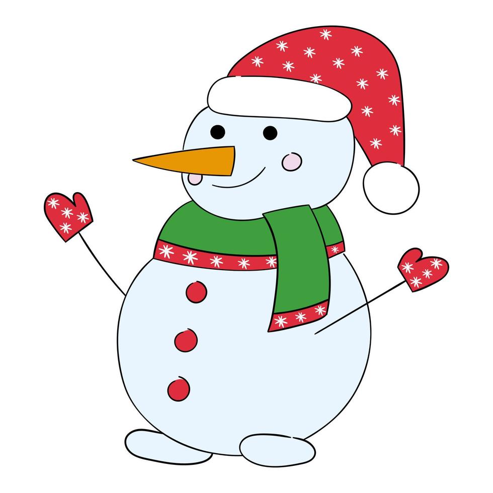 carino cartone animato pupazzo di neve nel Babbo Natale rosso cappello. vettore illustrazione.