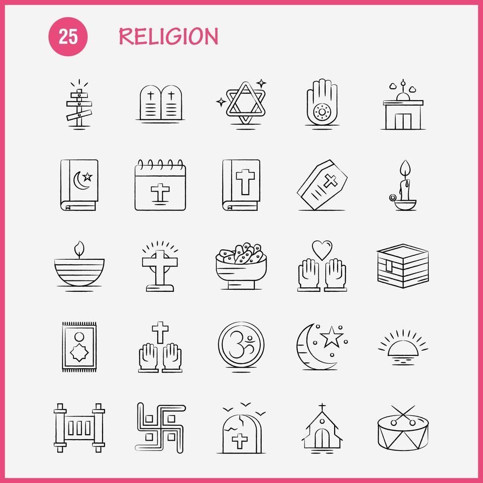 religione mano disegnato icone impostato per infografica mobile uxui kit e Stampa design includere bara vacanze religione religione pregare Chiesa musulmano elemento icona impostato vettore