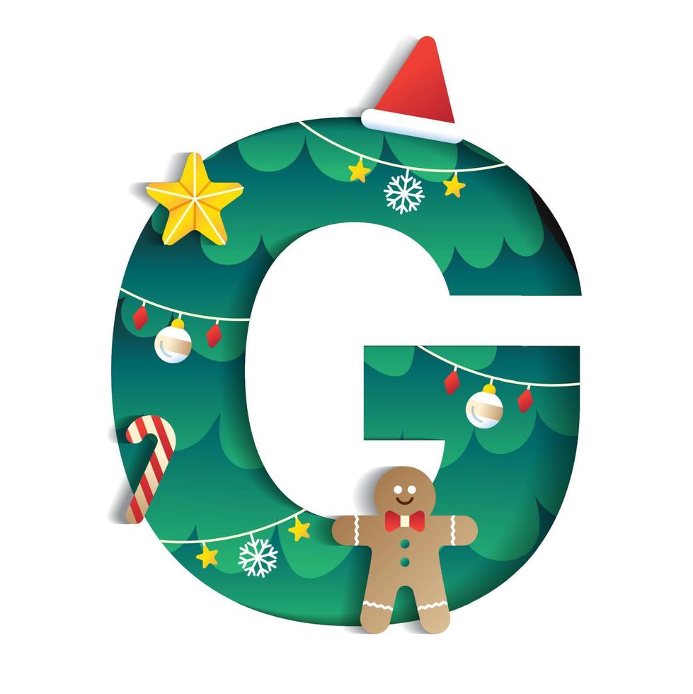 lettera g alfabeto font carino allegro Natale concetto Pan di zenzero uomo caramella canna stella Natale albero personaggio font Natale cappello elemento cartone animato verde 3d carta strato ritagliare carta vettore illustrazione