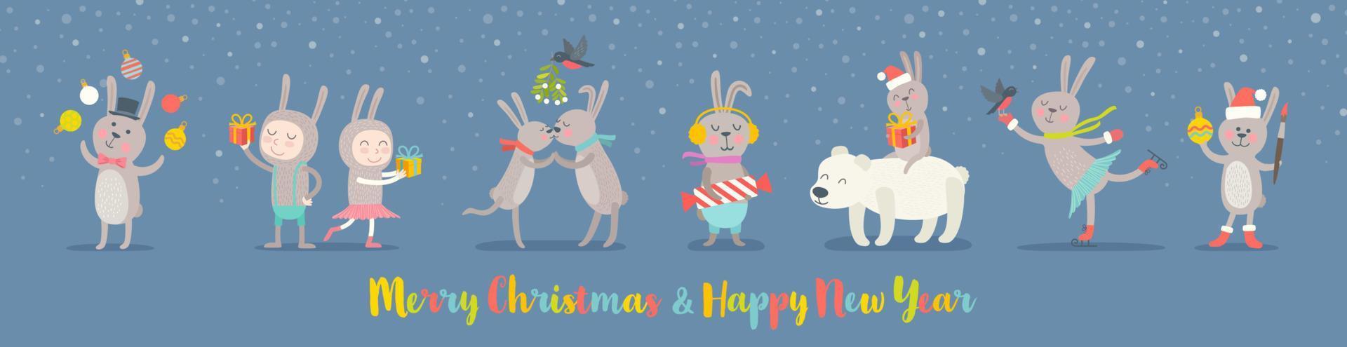 anno di il coniglio vettore illustrazione. impostato di carino coniglio cartone animato personaggi. nuovo anno coniglietto e design elementi per saluto carta.